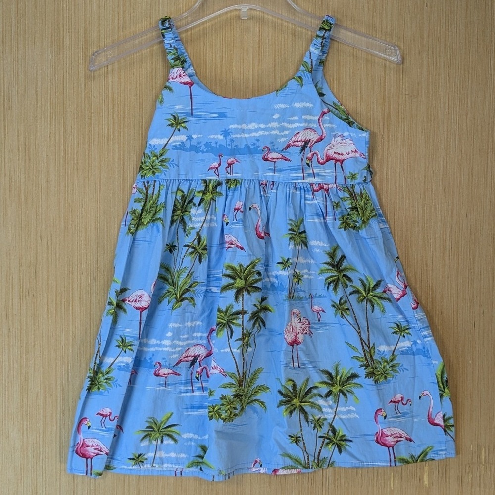 KY'S Made in Hawaii Girls Blue Flamingo Palm Tree Tropical Sun Dress Size 8